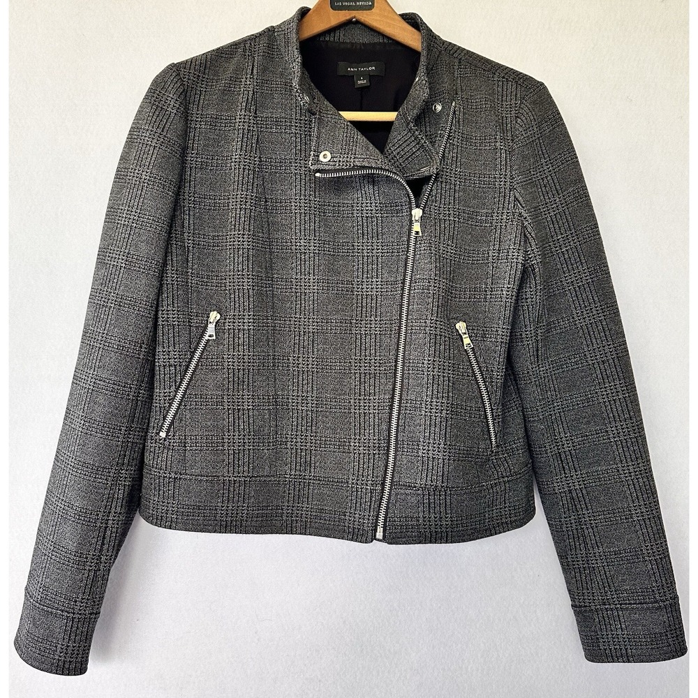 Ann Taylor Zip Jacket Plaid Moto Blazer Womens 6 Black Gray Excellent